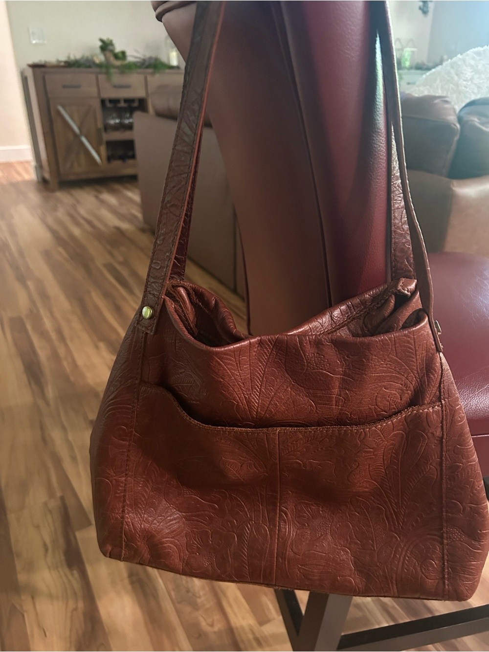American Leather Embossed Leather Shoulder Bag in Chestnut - Picture 3 of 11